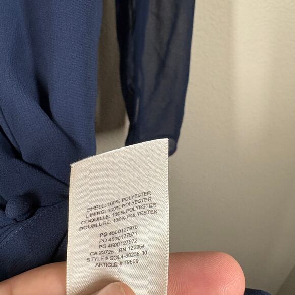 Wilfred 6 Mambo Chiffon Maxi Dress Navy Necktie Button Down Puff Long Sleeves - Picture 11 of 11